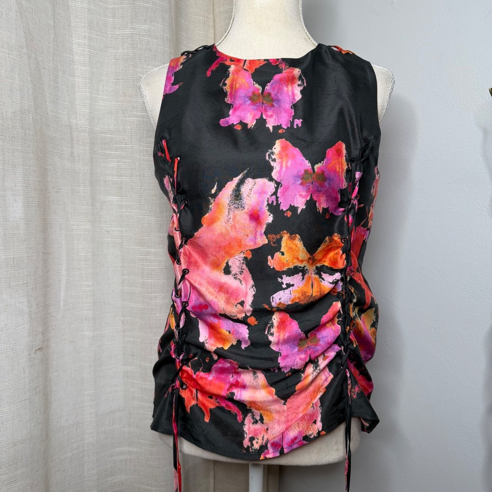 See by Chloe 100% Silk Watercolor Butterfly Top‎ Sleeveless Black Pink US 4